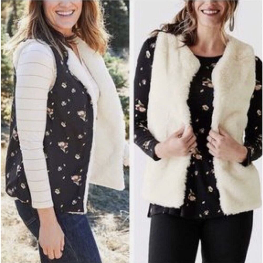 Matilda Jane Reversible Cream Faux Fur Floral Vest Womens M Cozy Boho NEW
